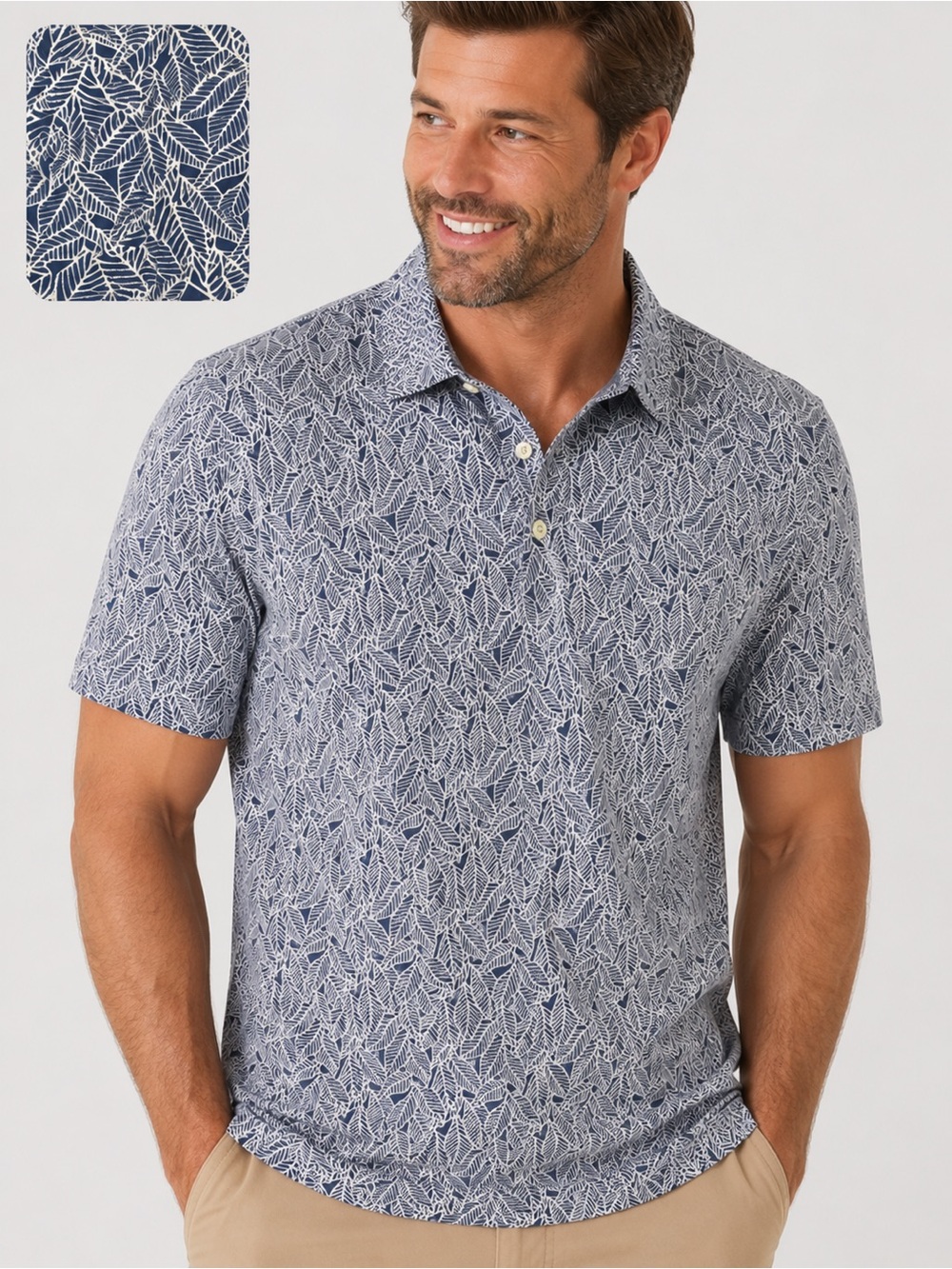 Cremieux Performance Golf Polo Shirt XL Blue White Leaf Print Stretch NWOT